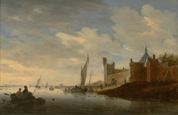 River landscape with a walled town by Salomon van Ruysdael